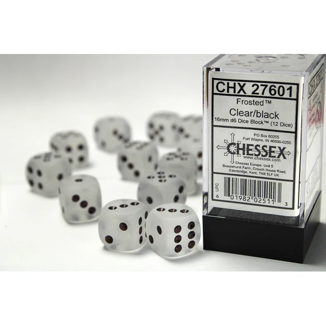 Chessex – Frosted 16mm d6 Clear/black Dice Block (12 dice)